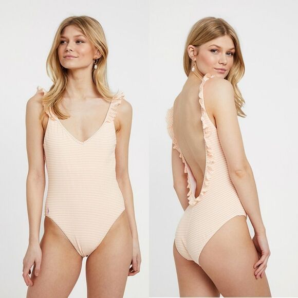 New! POLO RALPH LAUREN Striped Ruffled One-Piece Swimsuit Bathing Suit Size XS - Picture 1 of 5